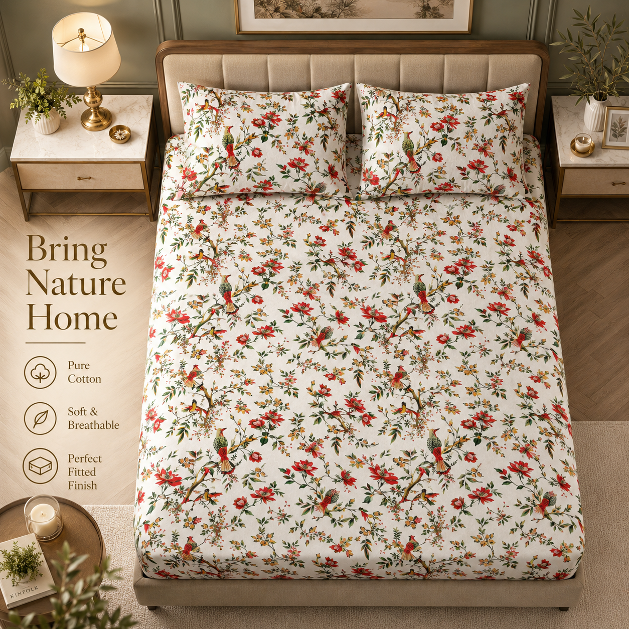 Flying Petal Elastic Cotton Fitted King Bedsheet (78×72×8 Inch) with 2 Pillow Covers (18×28 Inch) | Soft & Cozy Bedding