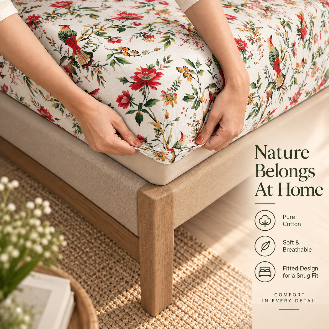 Flying Petal Elastic Cotton Fitted King Bedsheet (78×72×8 Inch) with 2 Pillow Covers (18×28 Inch) | Soft & Cozy Bedding