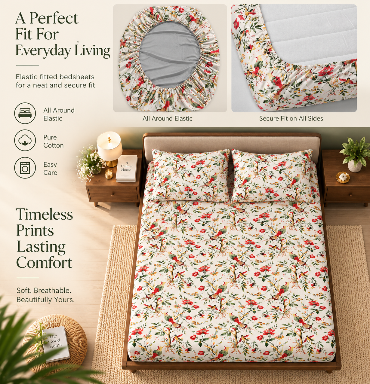 Flying Petal Elastic Cotton Fitted King Bedsheet (78×72×8 Inch) with 2 Pillow Covers (18×28 Inch) | Soft & Cozy Bedding
