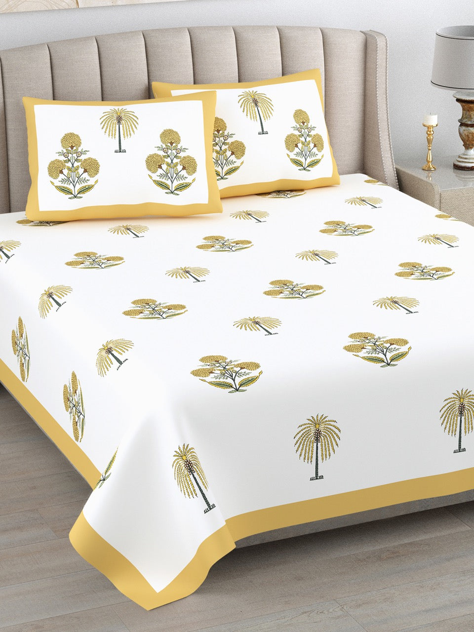 Golden Heaven Hand Block Printed Cotton King Bedsheet Set