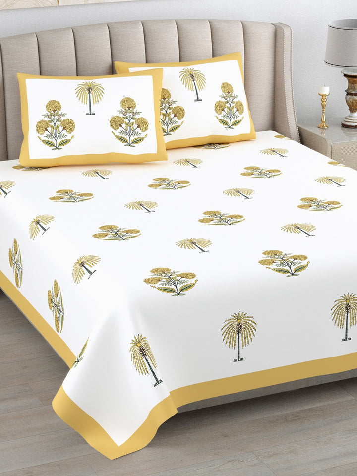 Golden Heaven Hand Block Printed Cotton King Bedsheet Set