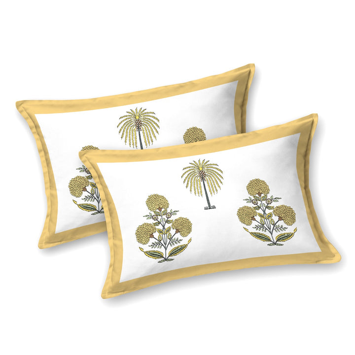 Golden Heaven Hand Block Printed Cotton King Bedsheet Set | 90x108 | 240 TC