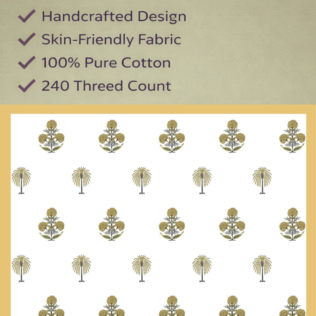 Golden Heaven Hand Block Printed Cotton King Bedsheet Set | 90x108 | 240 TC