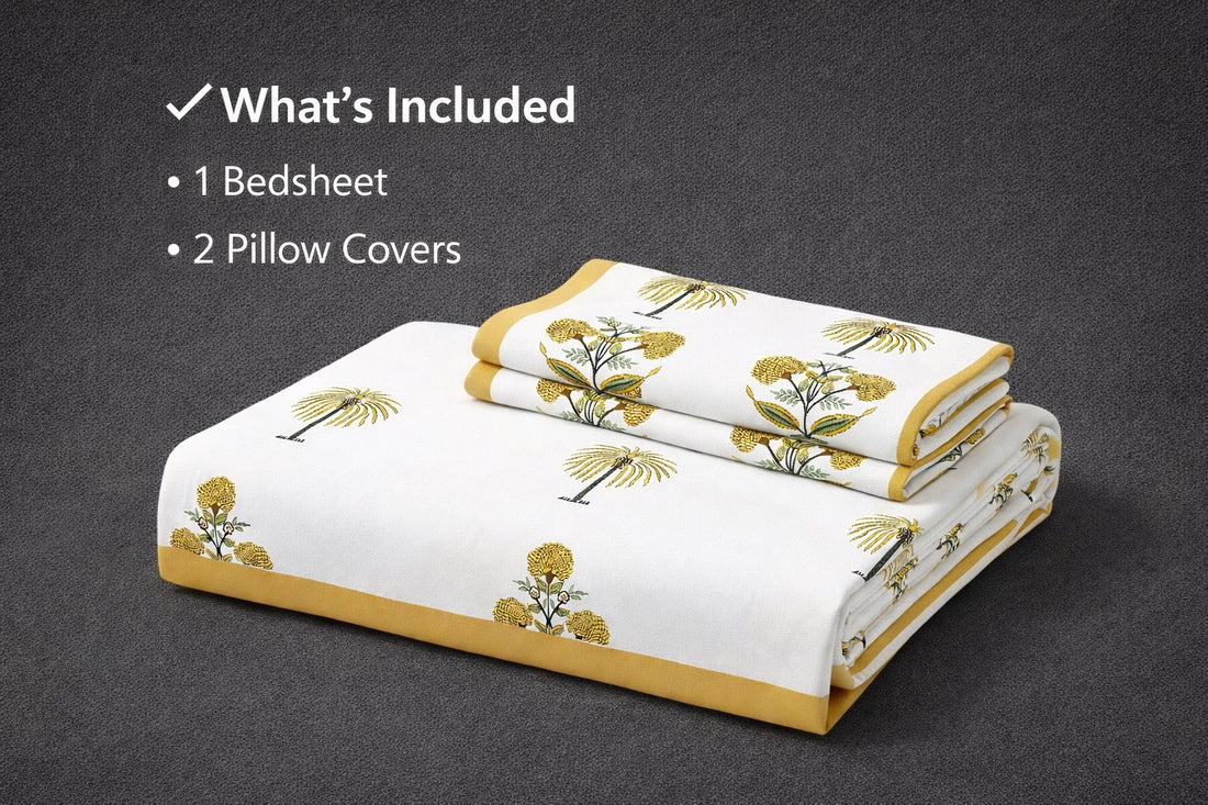 Golden Heaven Hand Block Printed Cotton King Bedsheet Set | 90x108 | 240 TC