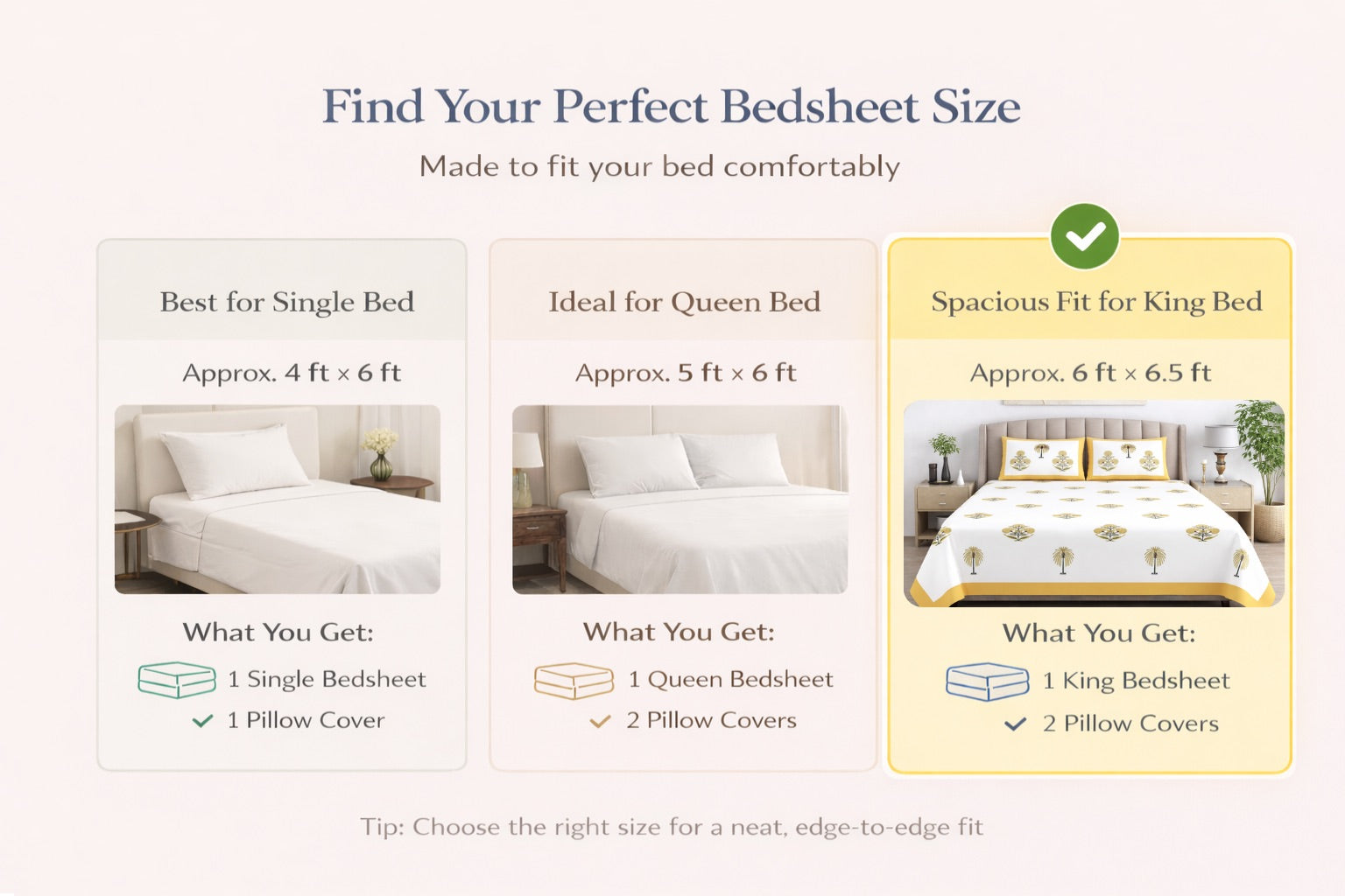 Golden Heaven Hand Block Printed Cotton King Bedsheet Set | 90x108 | 240 TC