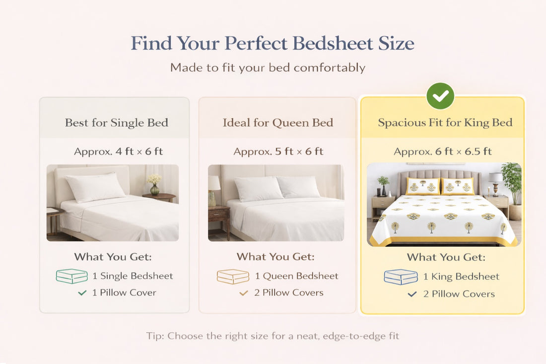 Golden Heaven Hand Block Printed Cotton King Bedsheet Set | 90x108 | 240 TC