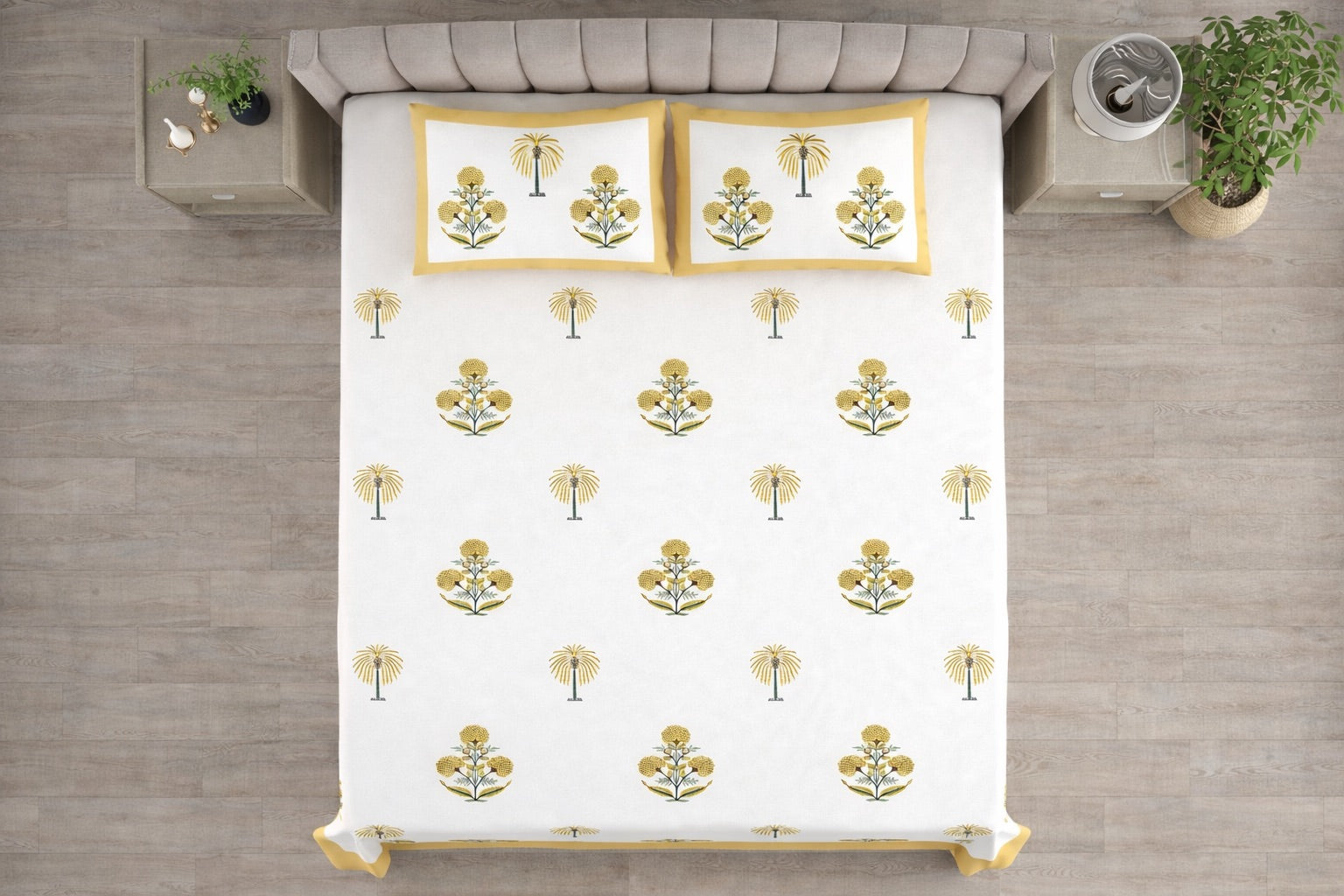 Golden Heaven Hand Block Printed Cotton King Bedsheet Set | 90x108 | 240 TC