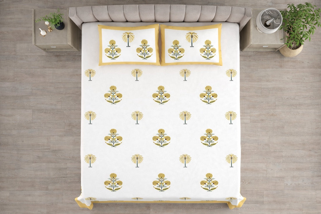 Golden Heaven Hand Block Printed Cotton King Bedsheet Set | 90x108 | 240 TC