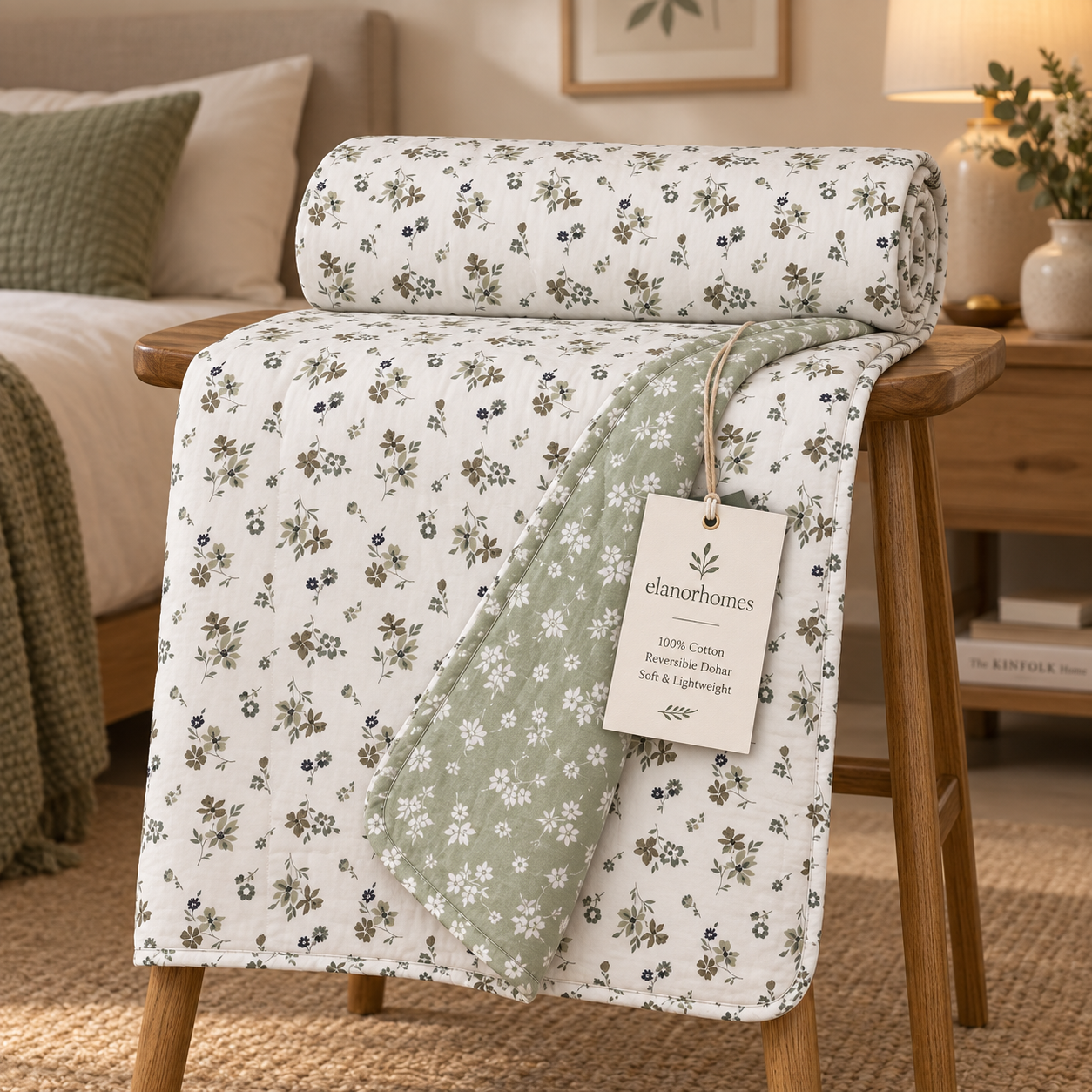 Hand Block Printed Green Fulwari Cotton Double Dohar | 90x100 Lightweight Quilt
