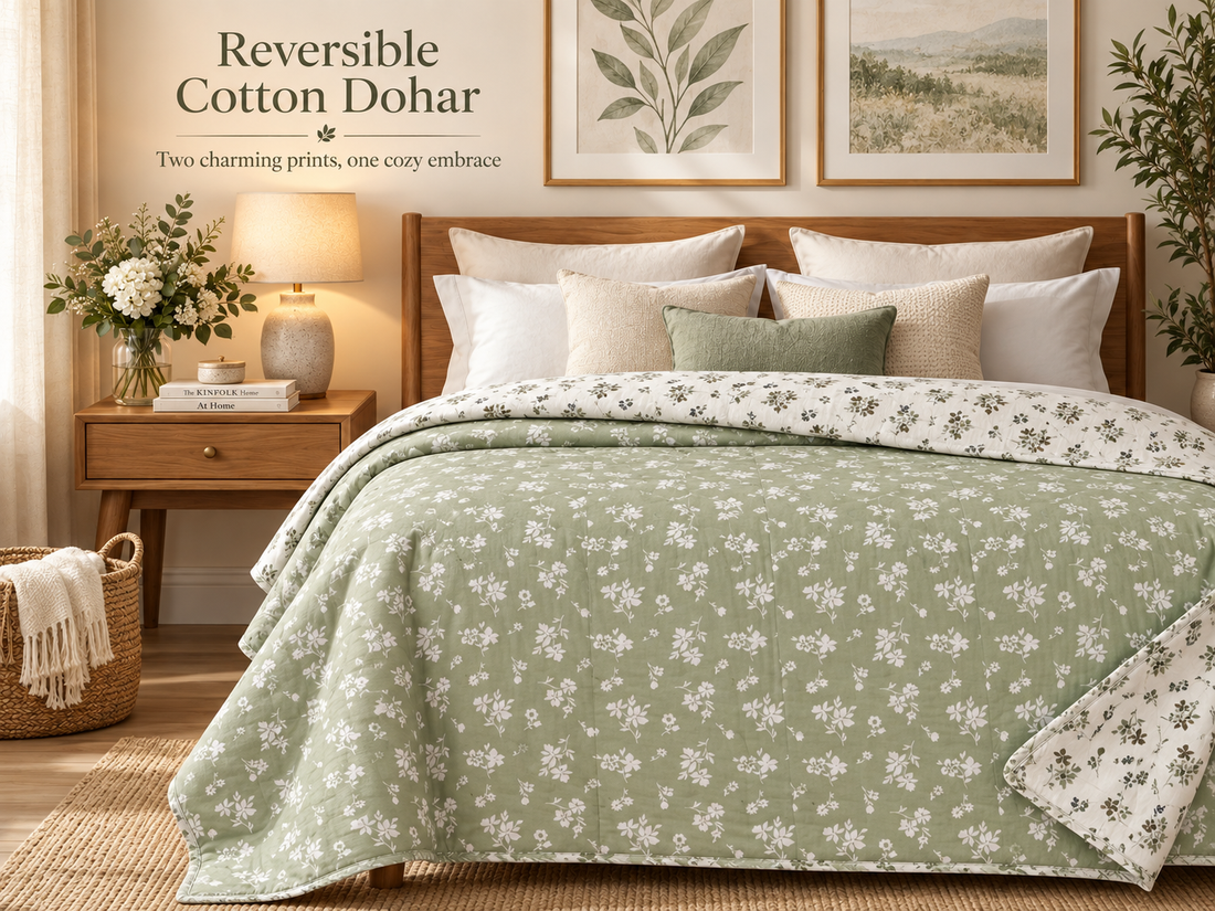 Hand Block Printed Green Fulwari Cotton Double Dohar | 90x100 Lightweight Quilt