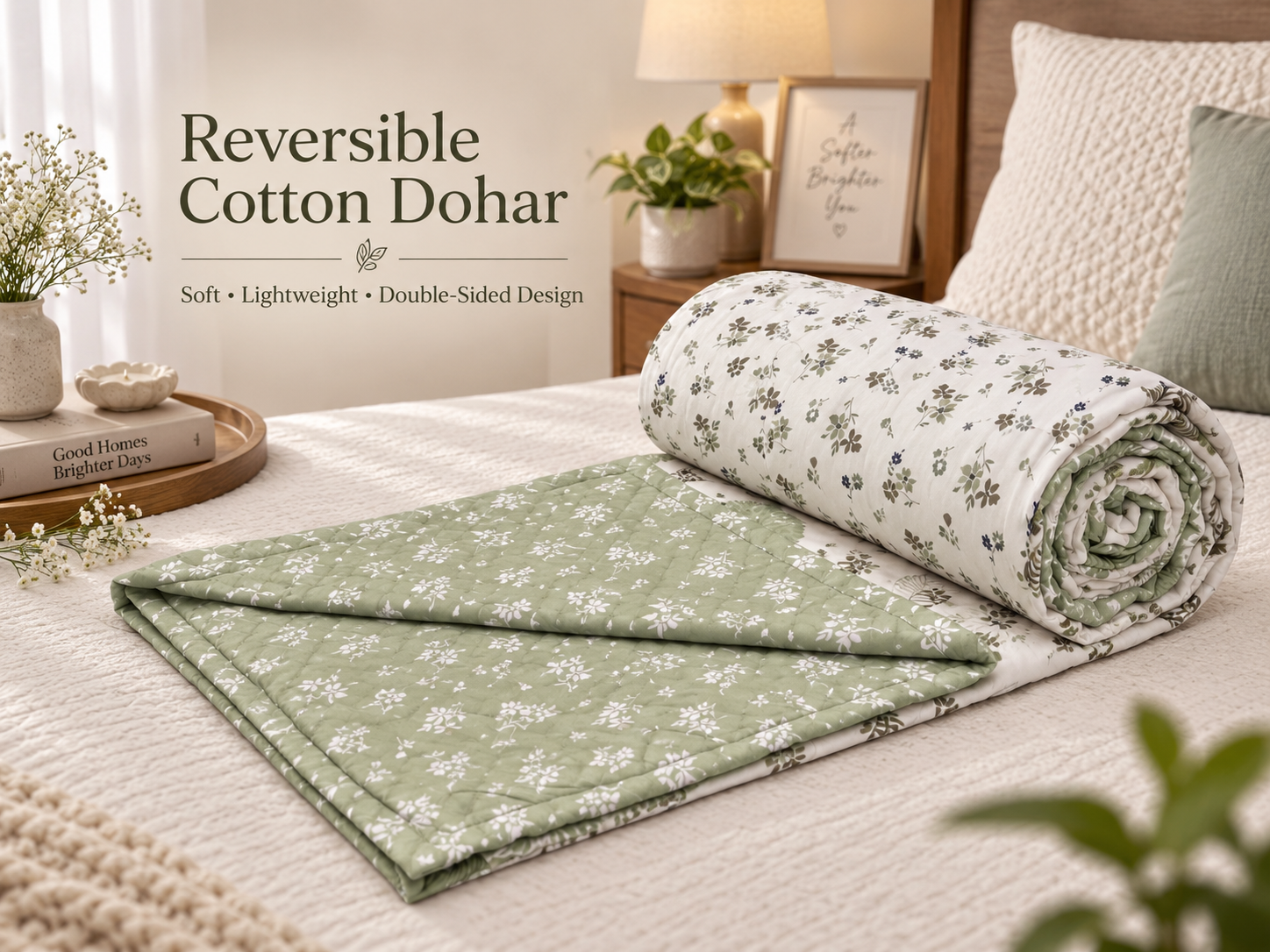 Hand Block Printed Green Fulwari Cotton Double Dohar | 90x100 Lightweight Quilt