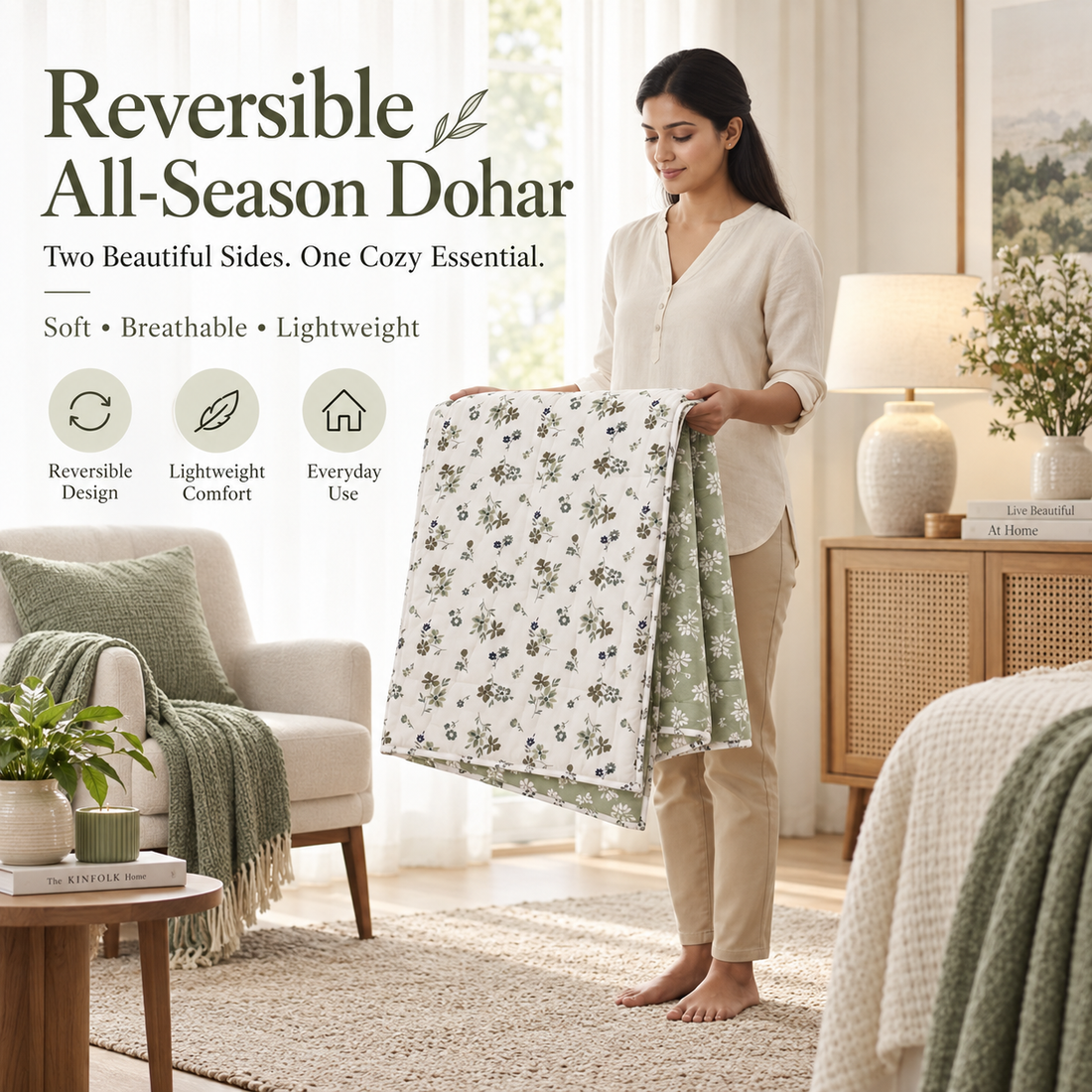 Hand Block Printed Green Fulwari Cotton Double Dohar | 90x100 Lightweight Quilt