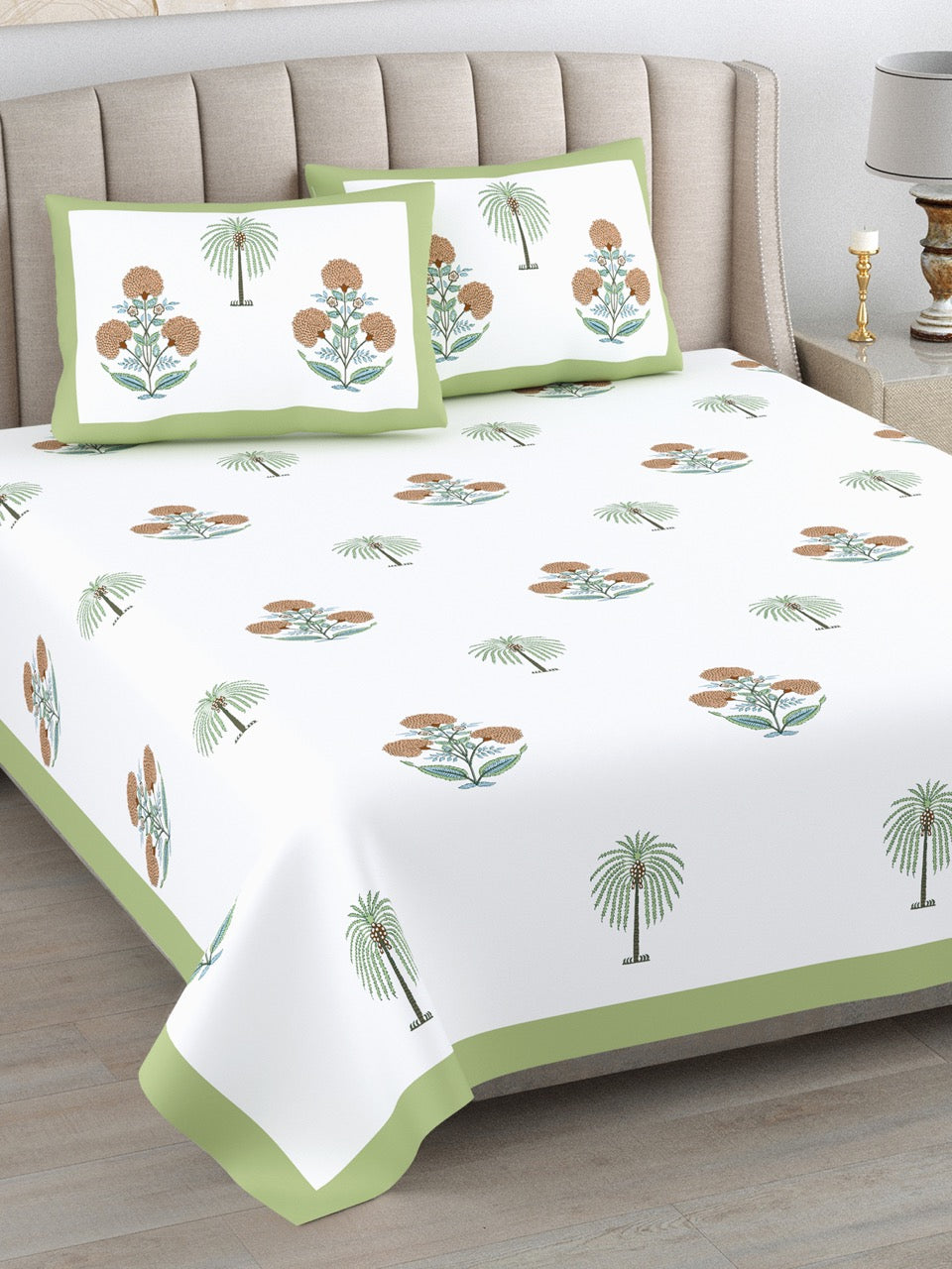 Green Heaven Hand Block Printed Cotton King Bedsheet Set