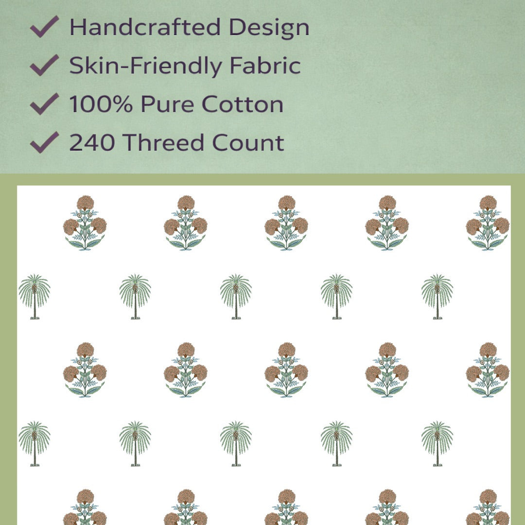 Green Heaven Hand Block Printed Cotton King Bedsheet Set | 90x108 | 240 TC