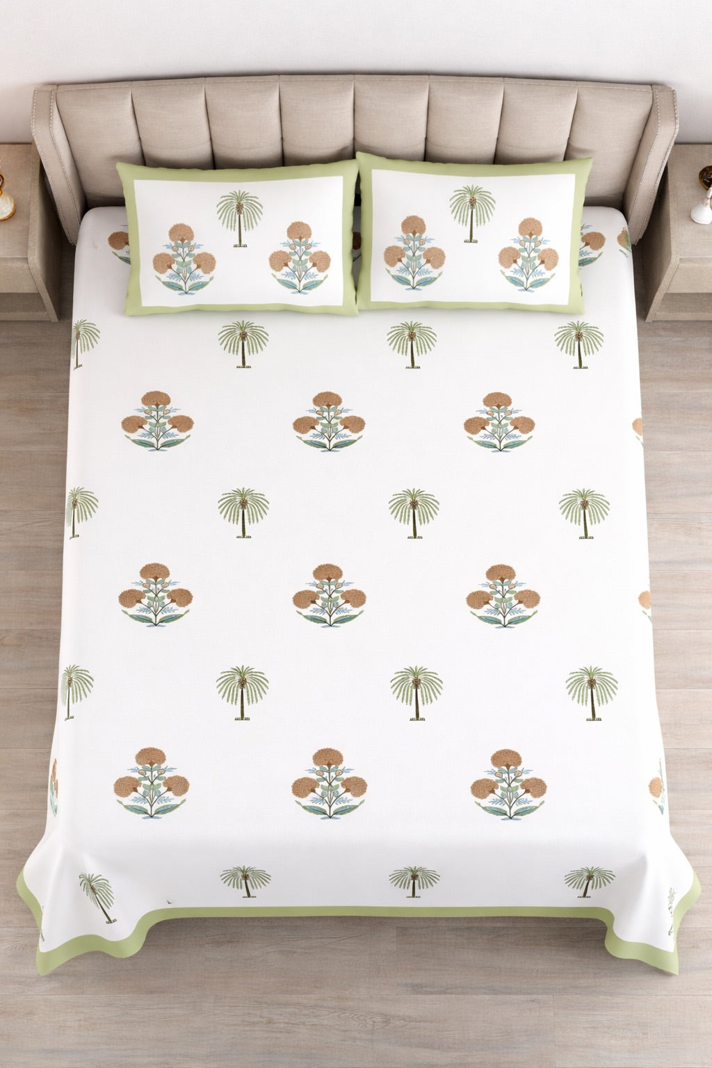Green Heaven Hand Block Printed Cotton King Bedsheet Set | 90x108 | 240 TC