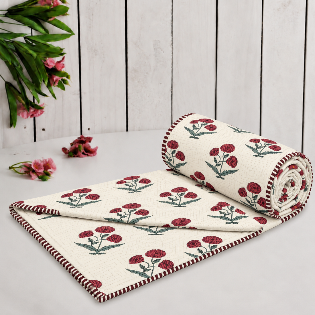 Hand Block Printed Gul-e-Rooh Cotton Dohar | 60x90 Lightweight Quilt