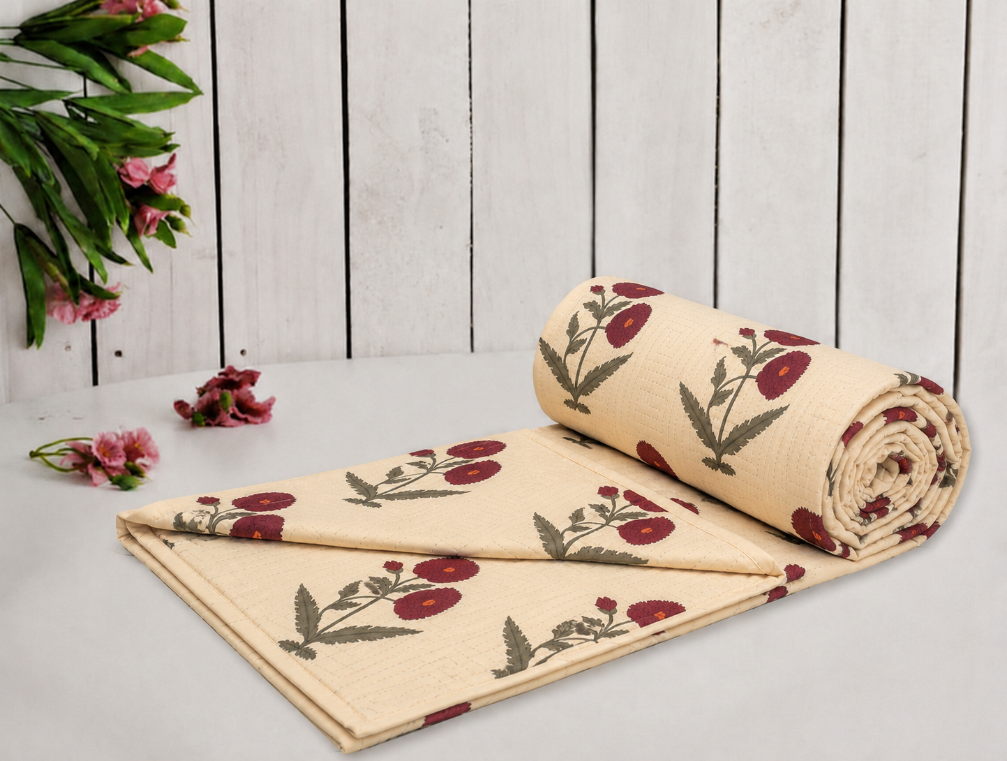 Hand Block Printed Gul-e-Sindoor Cotton Dohar | 60x90 Lightweight Quilt