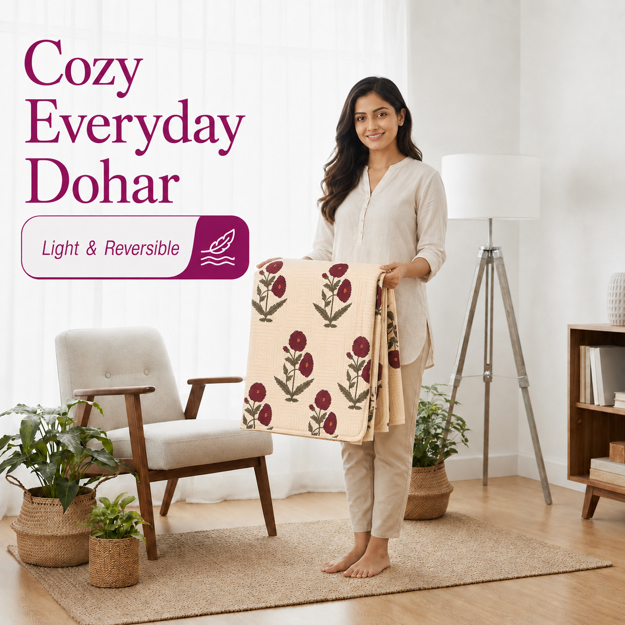 Hand Block Printed Gul-e-Sindoor Cotton Dohar | 60x90 Lightweight Quilt