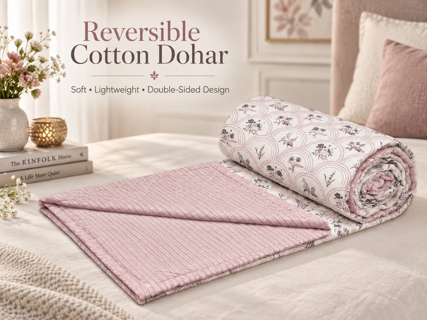 Hand Block Printed Gulabi Bagh Cotton Double Dohar | 90x100 Lightweight Quilt
