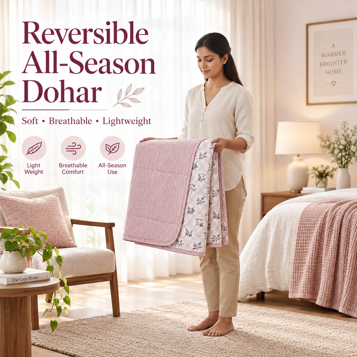 Hand Block Printed Gulabi Bagh Cotton Double Dohar | 90x100 Lightweight Quilt