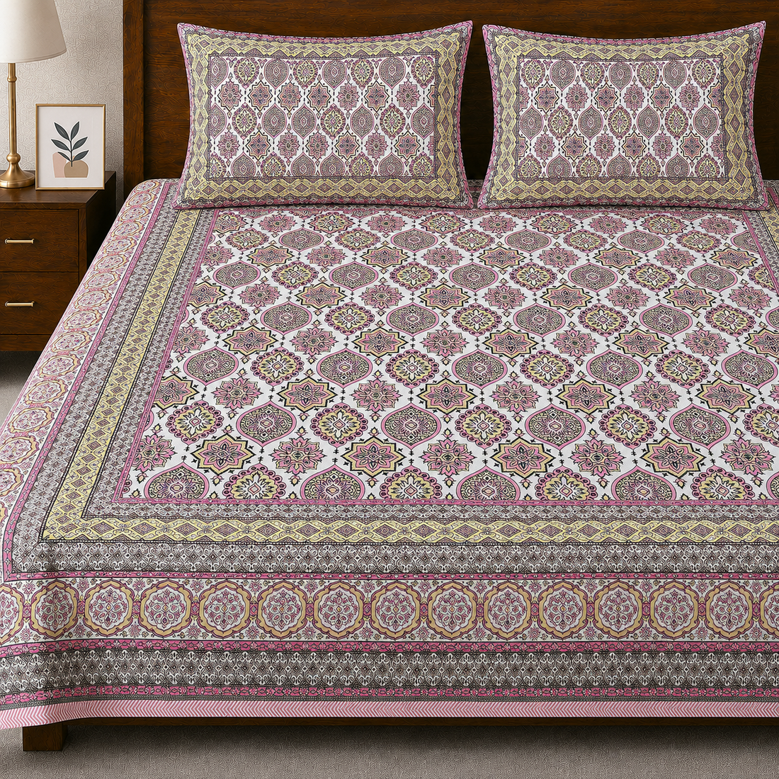Gulabi Chhaon Hand Block Printed Cotton King Bedsheet Set | 90×108 | 240 TC