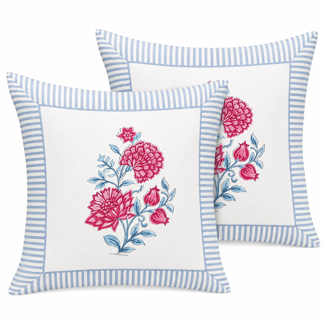 Gulabo Bloom Cushion Covers 16x16 Inches Pack of 2 | Jaipuri Hand Block Print Canvas Cotton Pillow Covers | Decorative Throw Cushion Cover Set
