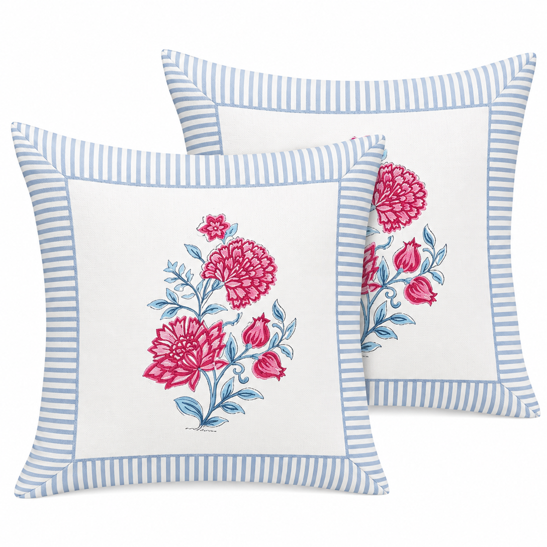 Gulabo Bloom Cushion Covers 16x16 Inches Pack of 2 | Jaipuri Hand Block Print Canvas Cotton Pillow Covers | Decorative Throw Cushion Cover Set