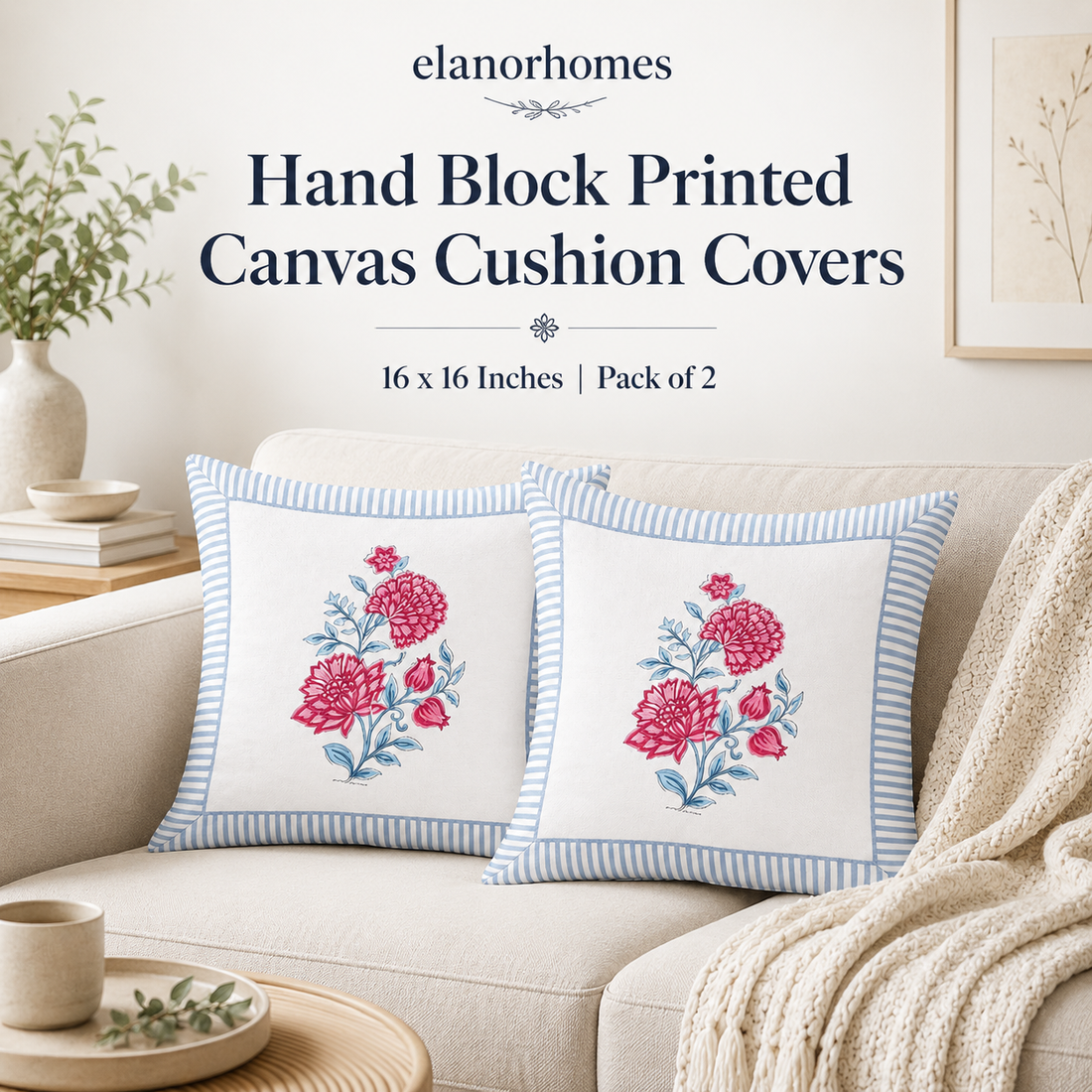 Gulabo Bloom Cushion Covers 16x16 Inches Pack of 2 | Jaipuri Hand Block Print Canvas Cotton Pillow Covers | Decorative Throw Cushion Cover Set
