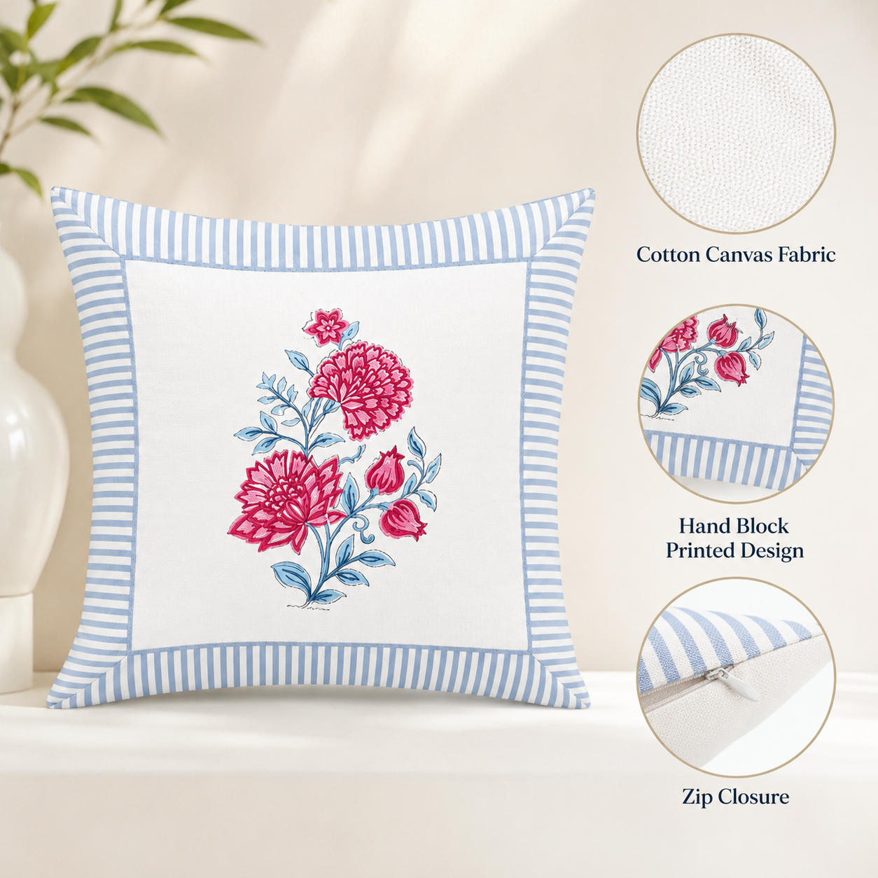 Gulabo Bloom Cushion Covers 16x16 Inches Pack of 2 | Jaipuri Hand Block Print Canvas Cotton Pillow Covers | Decorative Throw Cushion Cover Set