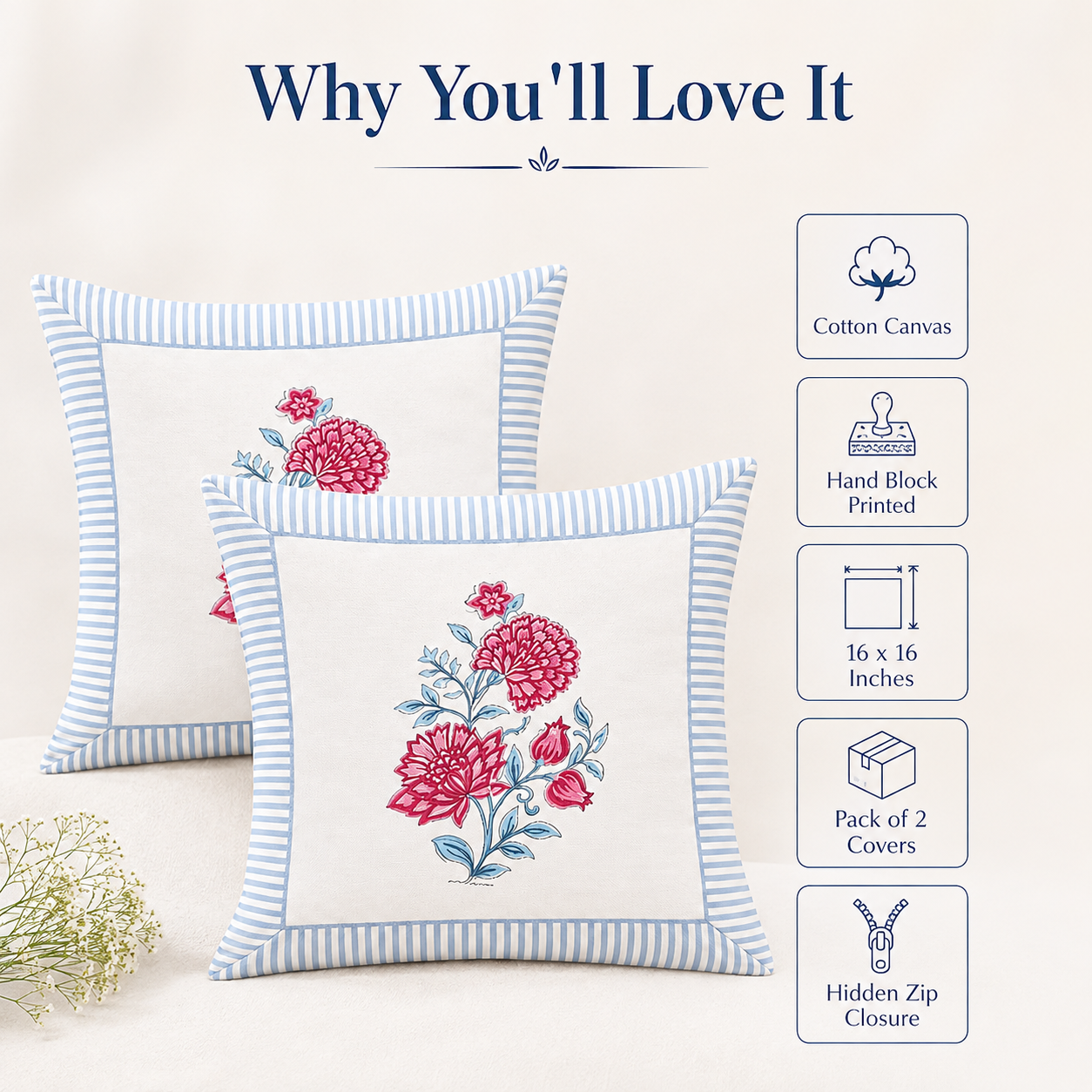 Gulabo Bloom Cushion Covers 16x16 Inches Pack of 2 | Jaipuri Hand Block Print Canvas Cotton Pillow Covers | Decorative Throw Cushion Cover Set