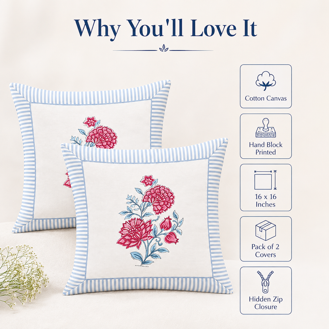 Gulabo Bloom Cushion Covers 16x16 Inches Pack of 2 | Jaipuri Hand Block Print Canvas Cotton Pillow Covers | Decorative Throw Cushion Cover Set