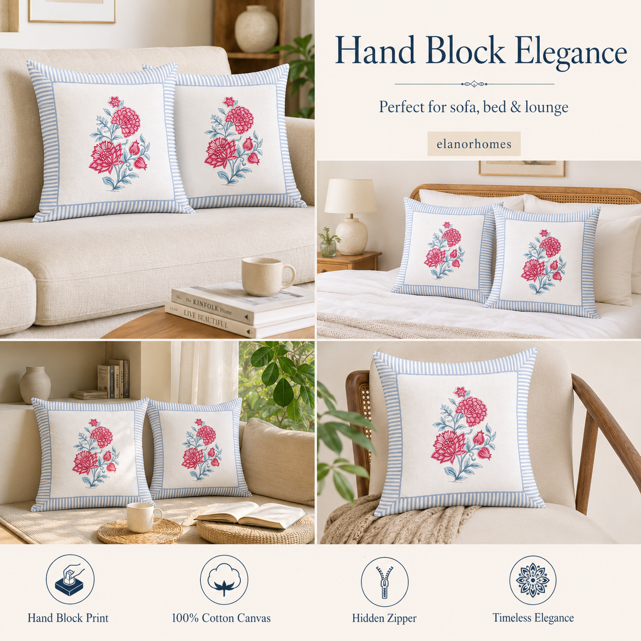 Gulabo Bloom Cushion Covers 16x16 Inches Pack of 2 | Jaipuri Hand Block Print Canvas Cotton Pillow Covers | Decorative Throw Cushion Cover Set