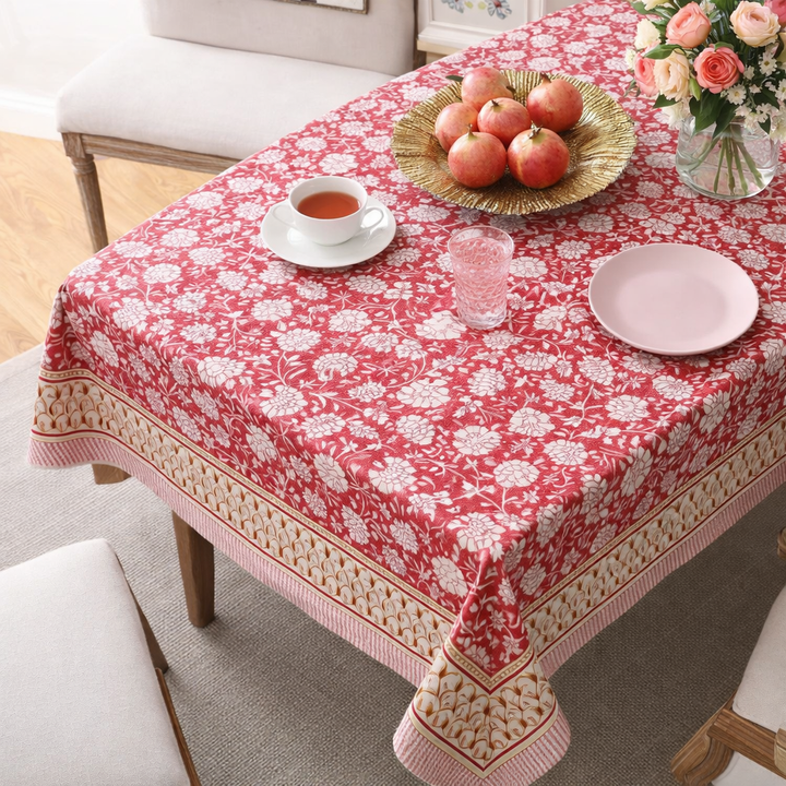 Red hand block printed cotton table cover 6 seater 60x90 inches