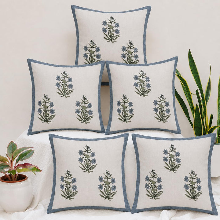 Gulnaar Bloom yellow hand block printed cotton cushion covers 16x16 inches pack of 5