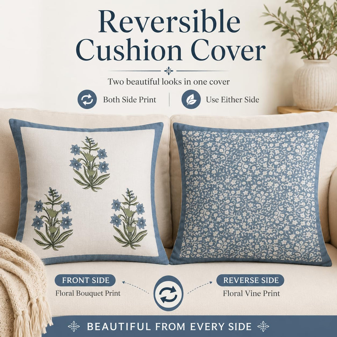 Gulnaar Bloom Cushion Covers 16x16 Inches Pack of 5 | Jaipuri Hand Block Print Cotton Pillow Covers | Soft 300 TC Decorative Throw Cushion Cover Set