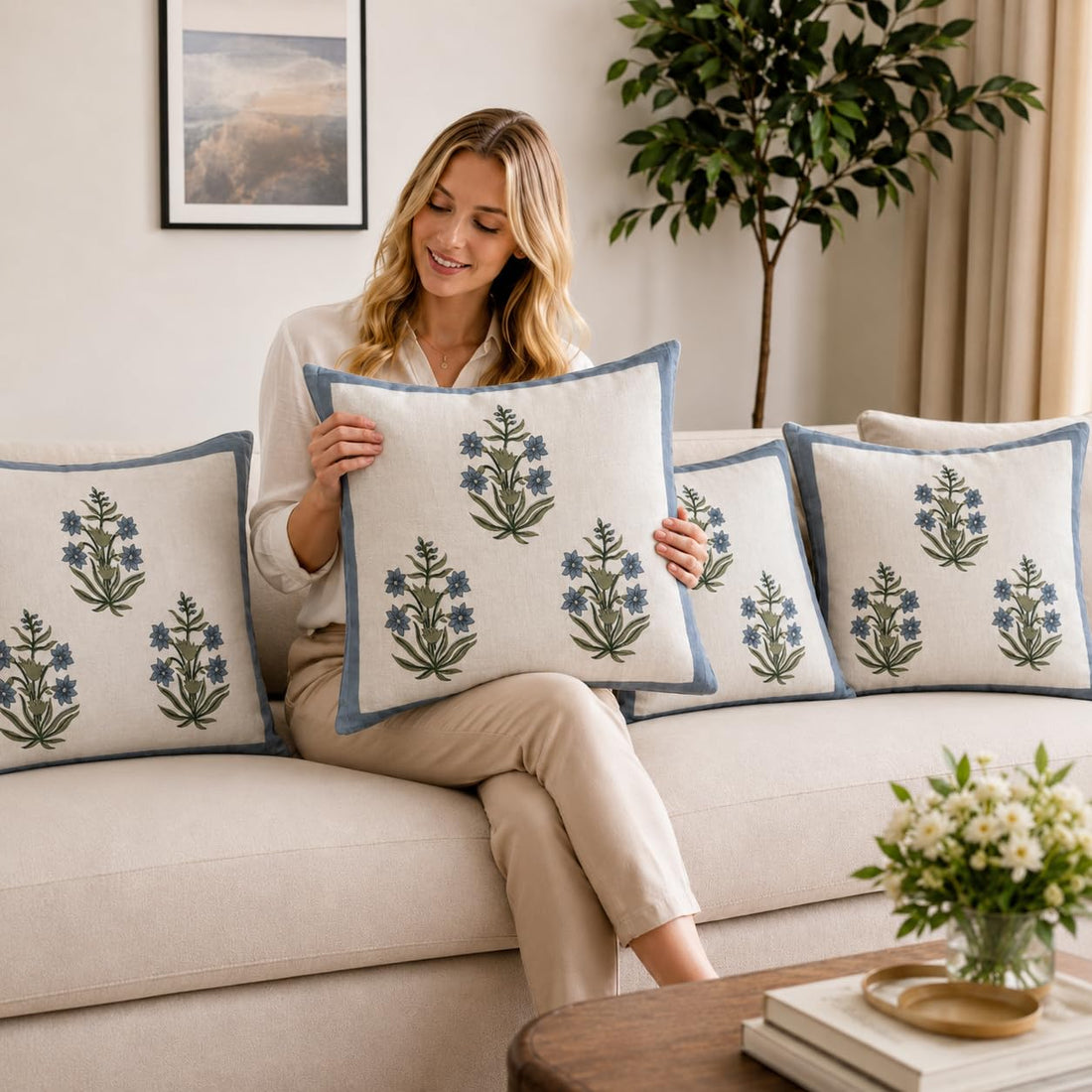 Gulnaar Bloom Cushion Covers 16x16 Inches Pack of 5 | Jaipuri Hand Block Print Cotton Pillow Covers | Soft 300 TC Decorative Throw Cushion Cover Set