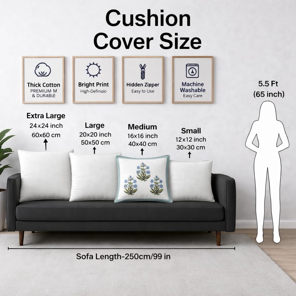 Gulnaar Bloom Cushion Covers 16x16 Inches Pack of 5 | Jaipuri Hand Block Print Cotton Pillow Covers | Soft 300 TC Decorative Throw Cushion Cover Set