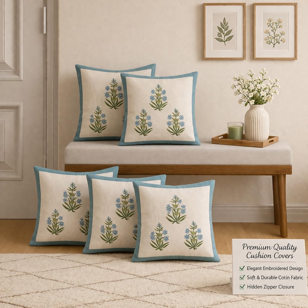 Gulnaar Bloom Cushion Covers 16x16 Inches Pack of 5 | Jaipuri Hand Block Print Cotton Pillow Covers | Soft 300 TC Decorative Throw Cushion Cover Set