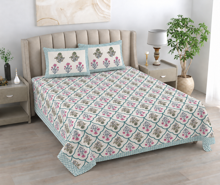 Gulshan Bagh Hand Block Printed Cotton Super King Bedsheet Set | 108×108 | 240 TC
