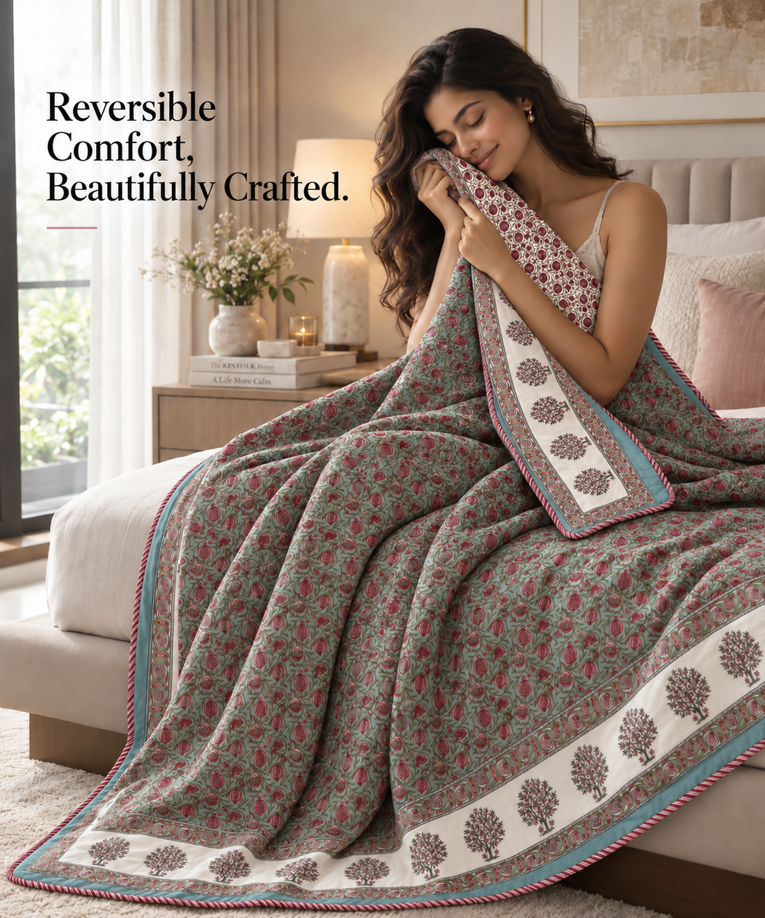 Hand Block Printed Gulabi Buta Cotton Double Dohar | 90x100 Lightweight Quilt