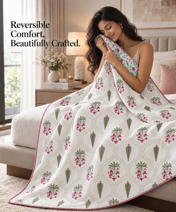 Hand Block Printed Mint Rose Cotton Double Dohar | 90x100 Lightweight Quilt