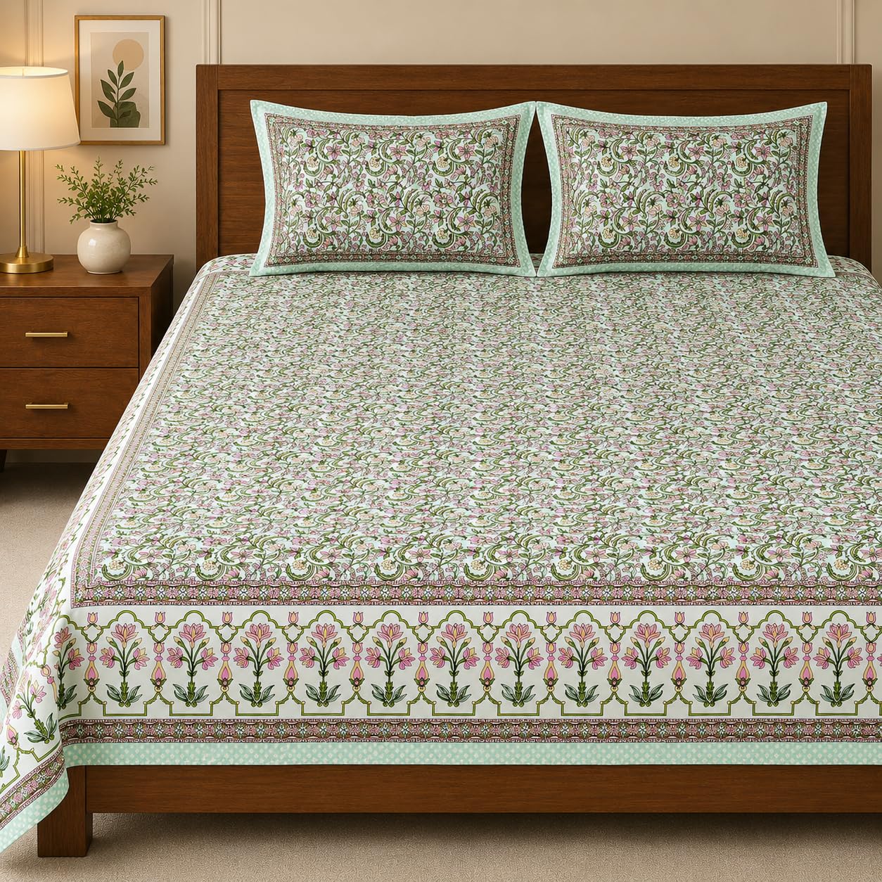 Jharokha fulwari jaal Hand Block Printed Cotton King Bedsheet Set