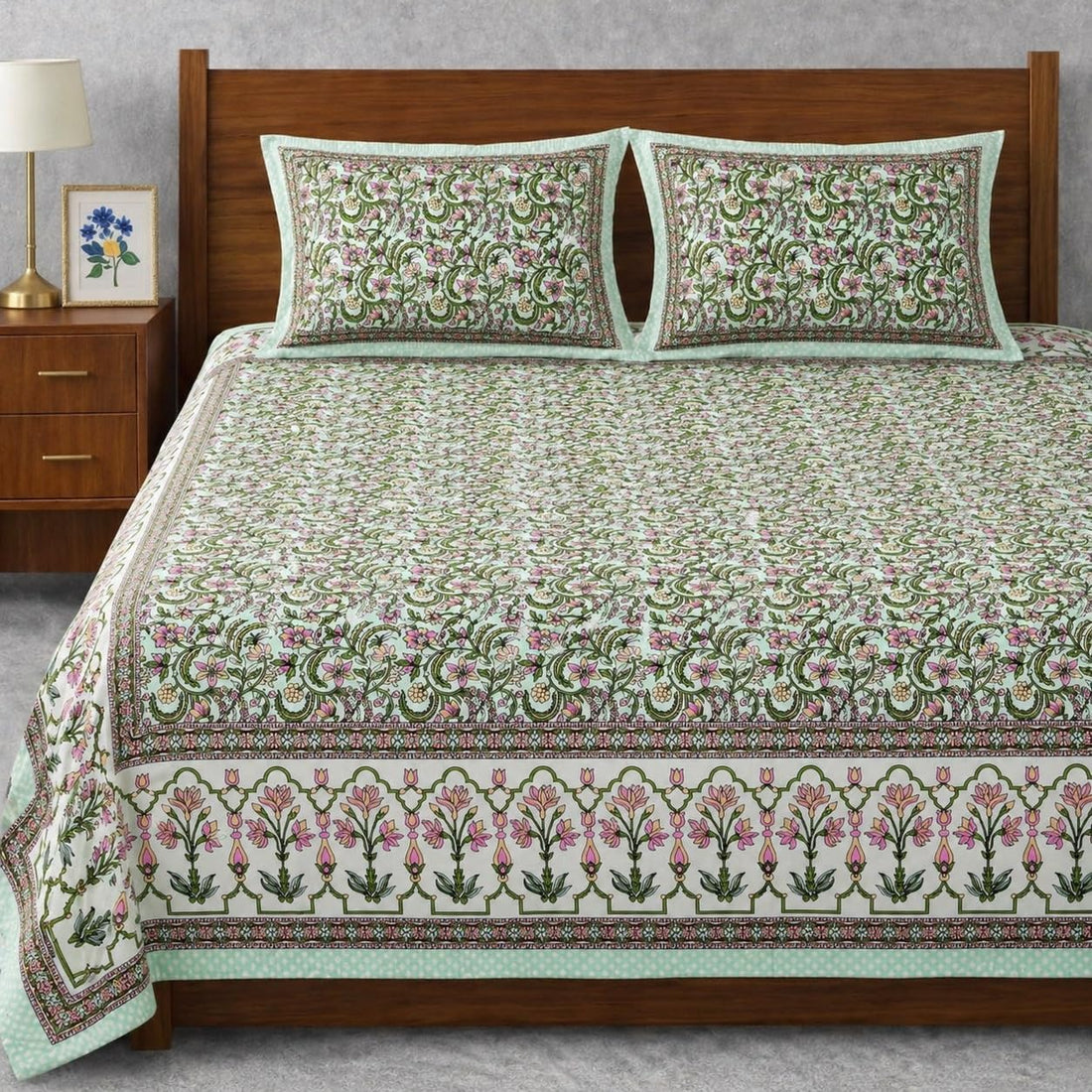 Jharokha Fulwari Jaal Hand Block Printed Cotton King Bedsheet Set | 90x108 | 240 TC