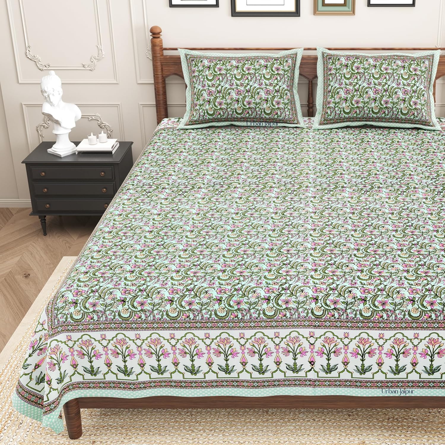 Jharokha Fulwari Jaal Hand Block Printed Cotton King Bedsheet Set | 90x108 | 240 TC
