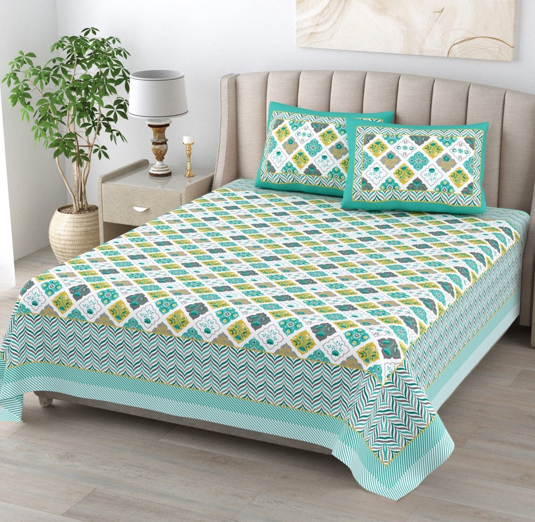 Emerald Jaal Hand Block Printed Cotton King Bedsheet Set | 90×108 | 240 TC