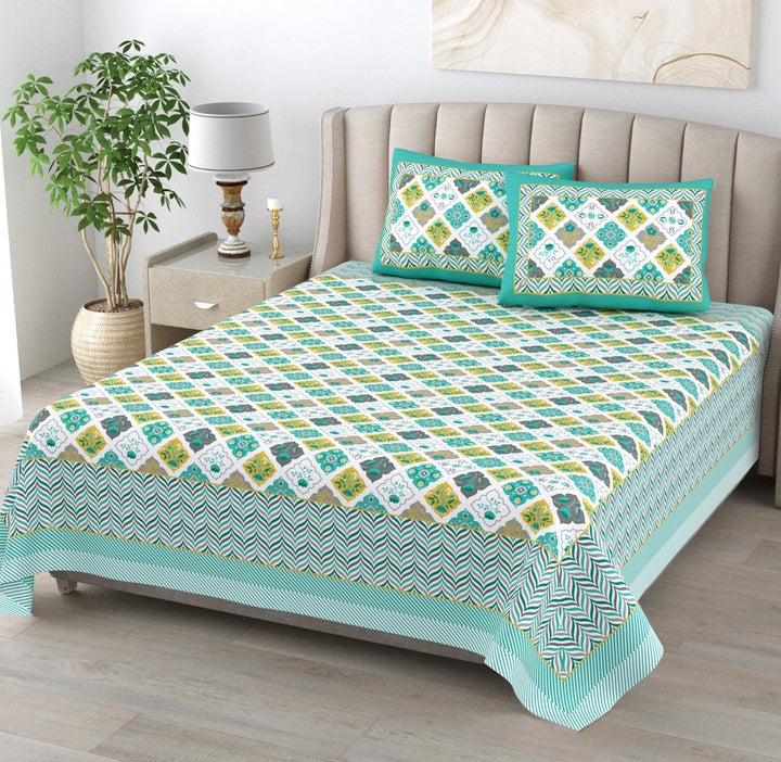 Emerald Jaal Hand Block Printed Cotton King Bedsheet Set | 90×108 | 240 TC