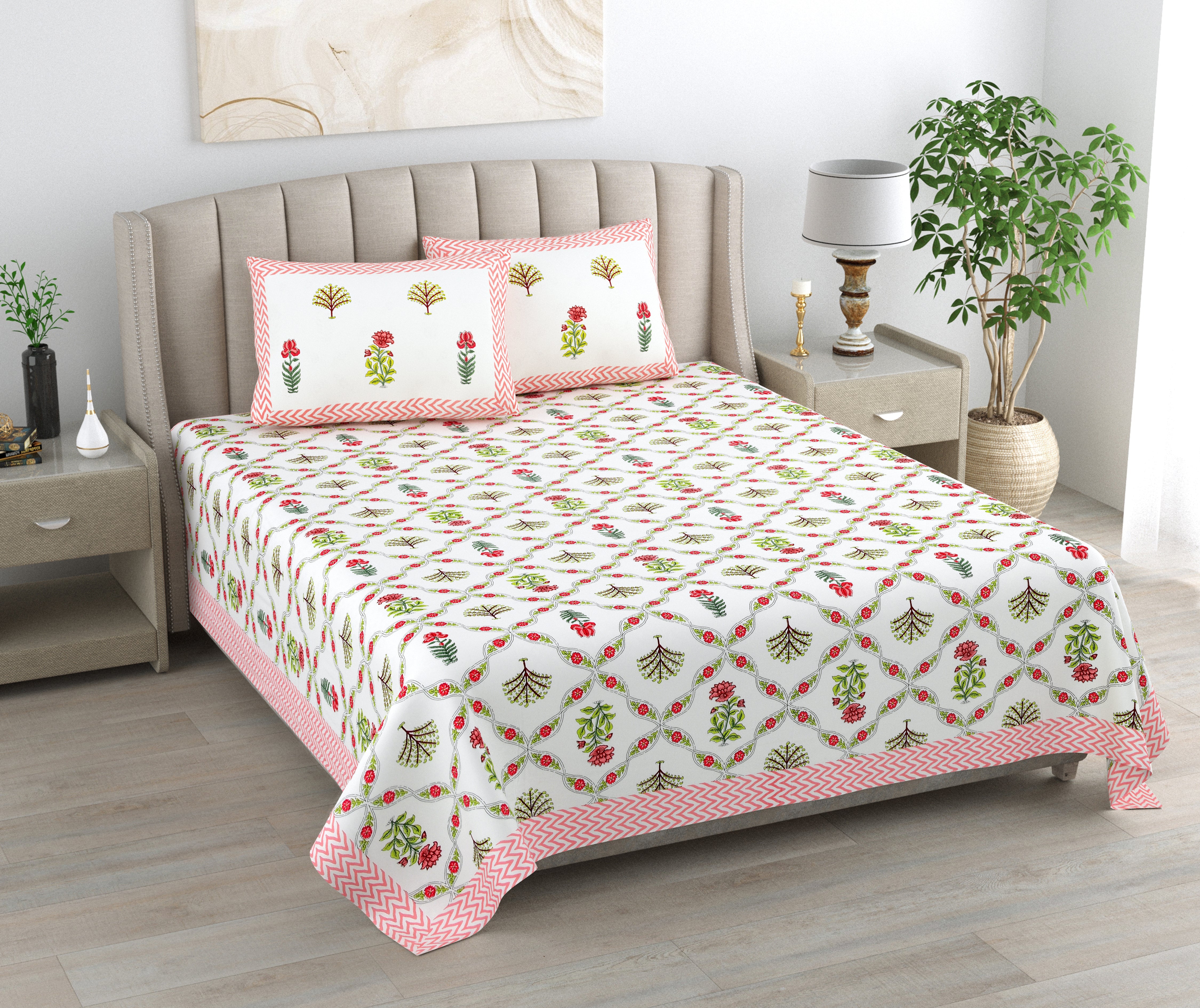 Rajasi Jaal Hand Block Printed Cotton King Bedsheet Set