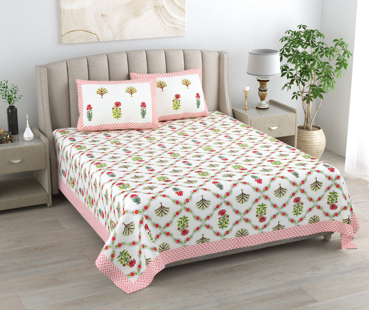 Rajasi Jaal Hand Block Printed Cotton King Bedsheet Set