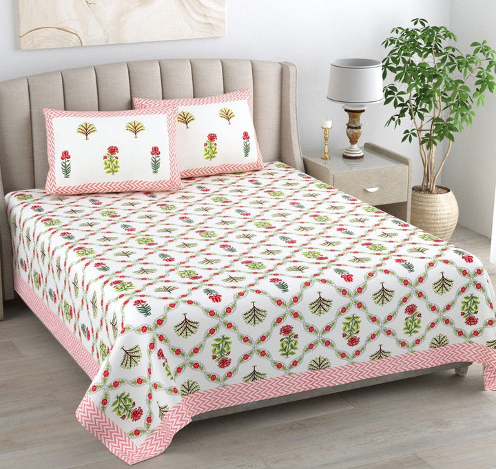 Rajasi Jaal Hand Block Printed Cotton King Bedsheet Set | 90×108 | 240 TC