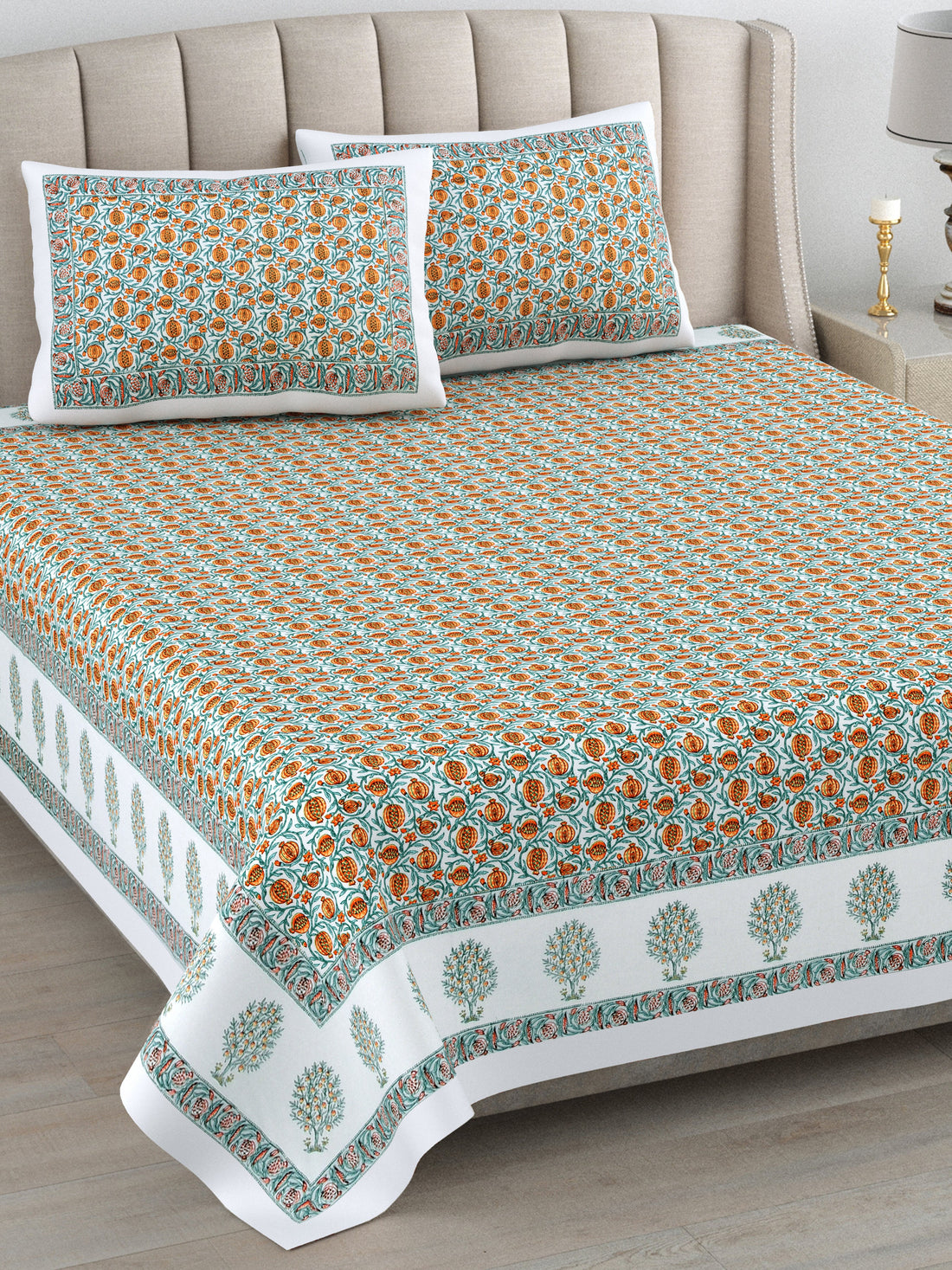 Narangi Buta Hand Block Printed Cotton King Bedsheet Set